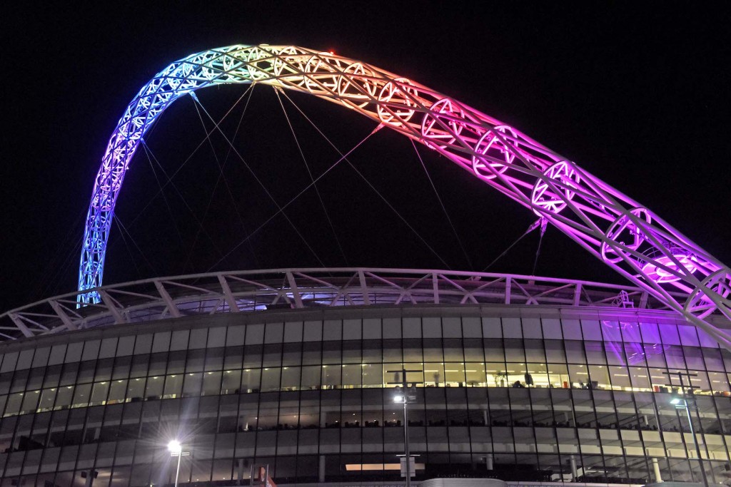 24.06.2015 ñ Wembleyís iconic arch & the Coca-Cola London Eye will light up in rainbow colours this weekend in celebration of the annual Pride in London festival championing the lesbian, gay, bisexual, and transgender (LGBT+) community. This yearís Pride in London is set to be the UKís biggest ever Pride celebration with a record-breaking 250 community groups, charities, businesses and organisations joining the parade - 20% of them new to Pride this year. This is the first time the Wembley arch, which is 133 metres tall and 315 meters long, has lit up in rainbow colours in support of the annual Pride in London festival. Last yearís celebrations attracted over 700,000 visitors to central London.  Itís anticipated that this yearís figure will be closer to 950,000 ñ making Pride in London the biggest Pride celebration in the country. The theme of this yearís Pride Parade is ëPride Heroesí celebrating individuals who have contributed to LGBT+ rights over the years. Pictured: Wembley stadium.