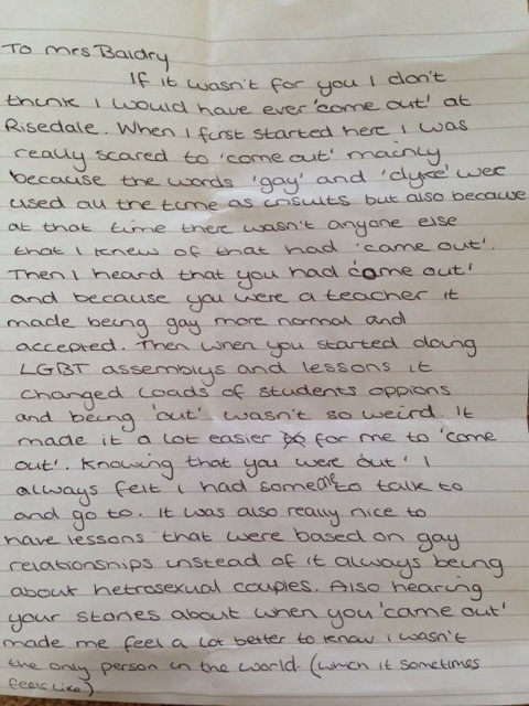 A letter heartfelt received by gay teacher Emma Baldry from one of her pupils