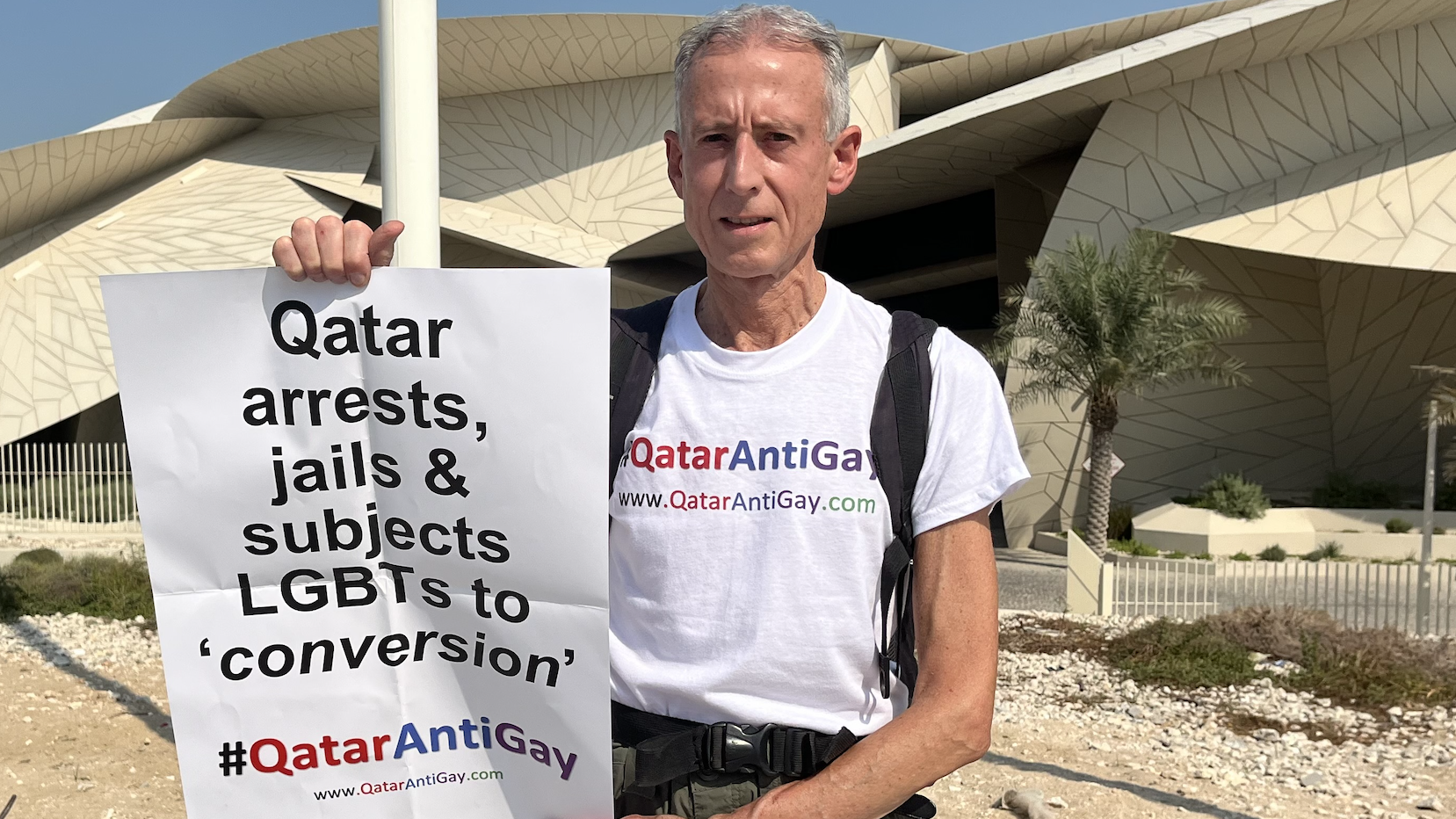 Peter Tatchell protesting in Qatar