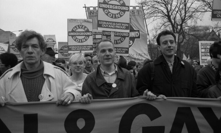 Ian McKellen, Michael Cashman and Peter Tatchell march at an anti-Section 28 demonstration, Manchester, UK, 20th February 1988