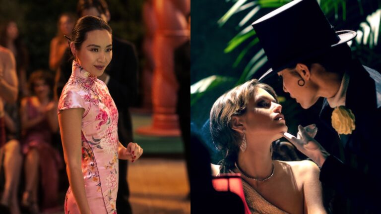 Li Jun Li as Lady Fay Zhu in Babylon, and right, with Margot Robbie (Image: Paramount Pictures/Scott Garfield)