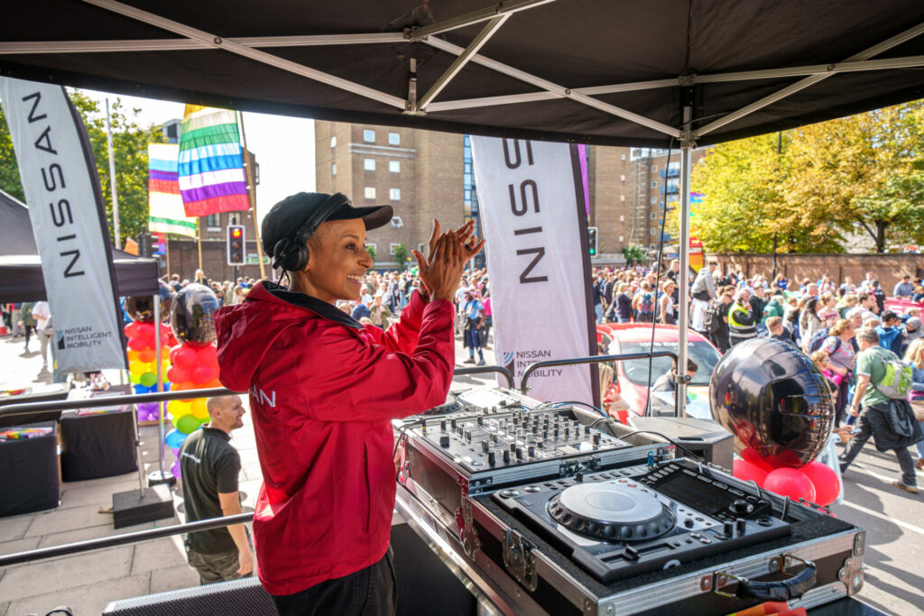 Adele Roberts DJ’ing “Rainbow Row” at the TCS London Marathon 2022 with Nissan