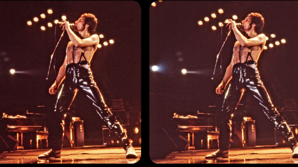 Freddie Mercury in leather trousers on stage