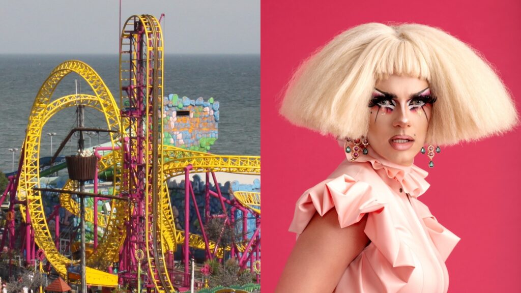 The Rage Rollercoaster at Adventure Island, and Drag Race's Crystal (Images: Wiki/BBC)
