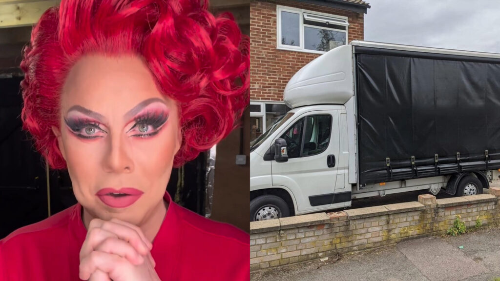 Composite of a drag queen in a red dress on the left and a white Luton van on the right