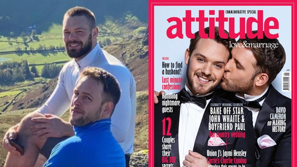 John Whaite and Paul Atkins, and right, on Attitude's Love and Marriage special in 2014 (Images: Instagram/Attitude)