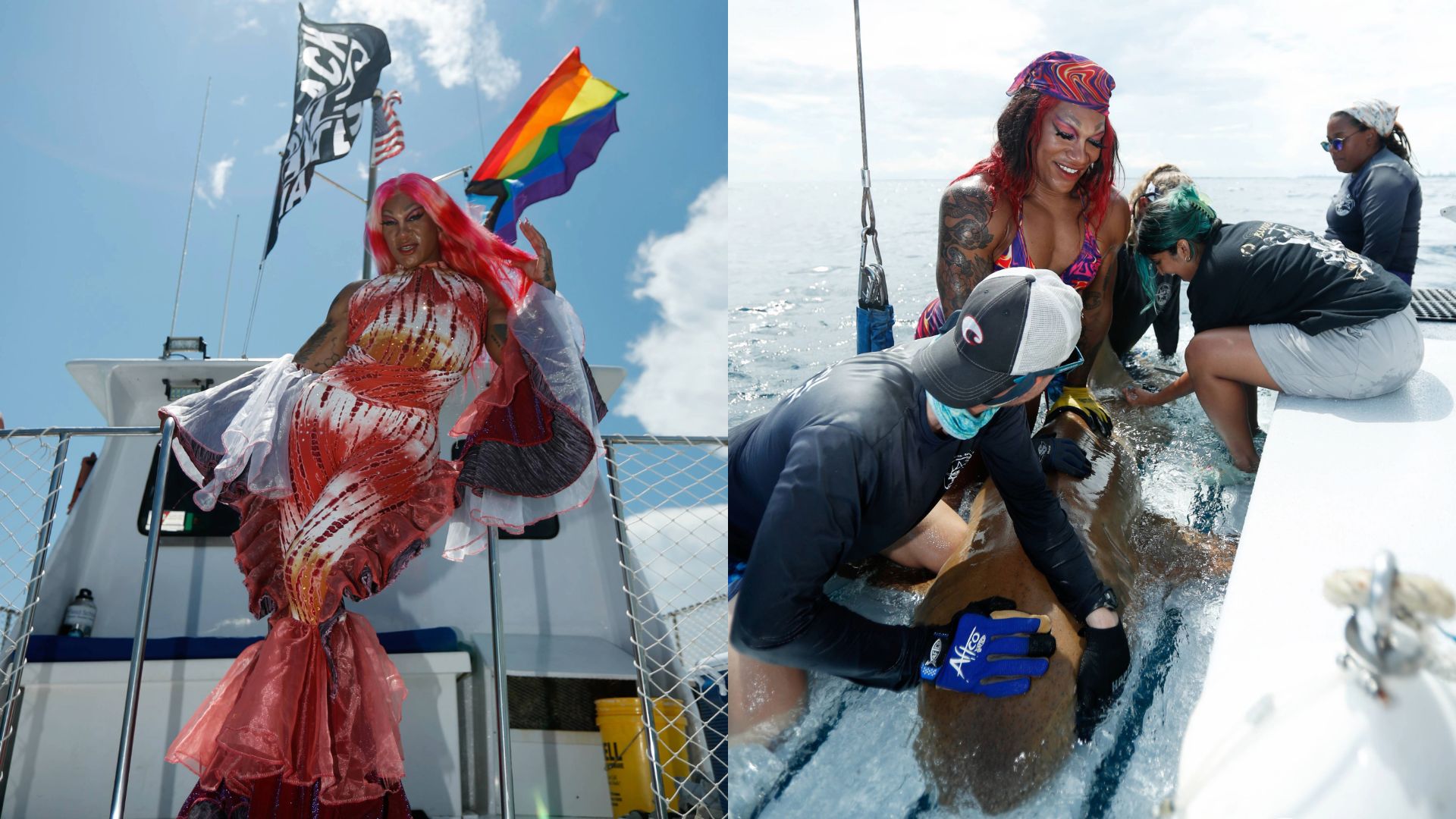 Composite of Miss Toto standing on a boat in a pink gown and sitting on a boat with a shark