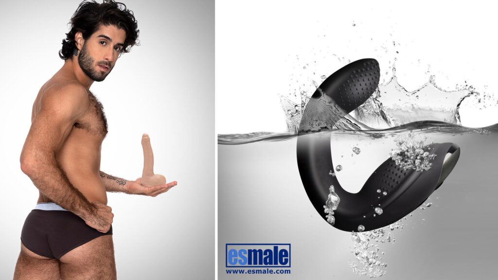 Composite of a man wearing black briefs holding a sex toy and an image to the right of a black sex toy immersed in water