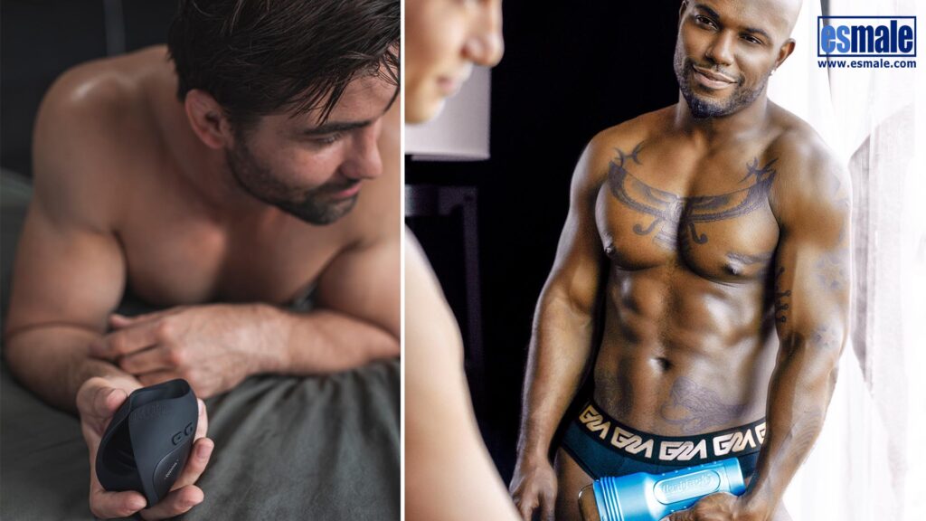 Composite of two shirtless men holding sex toys