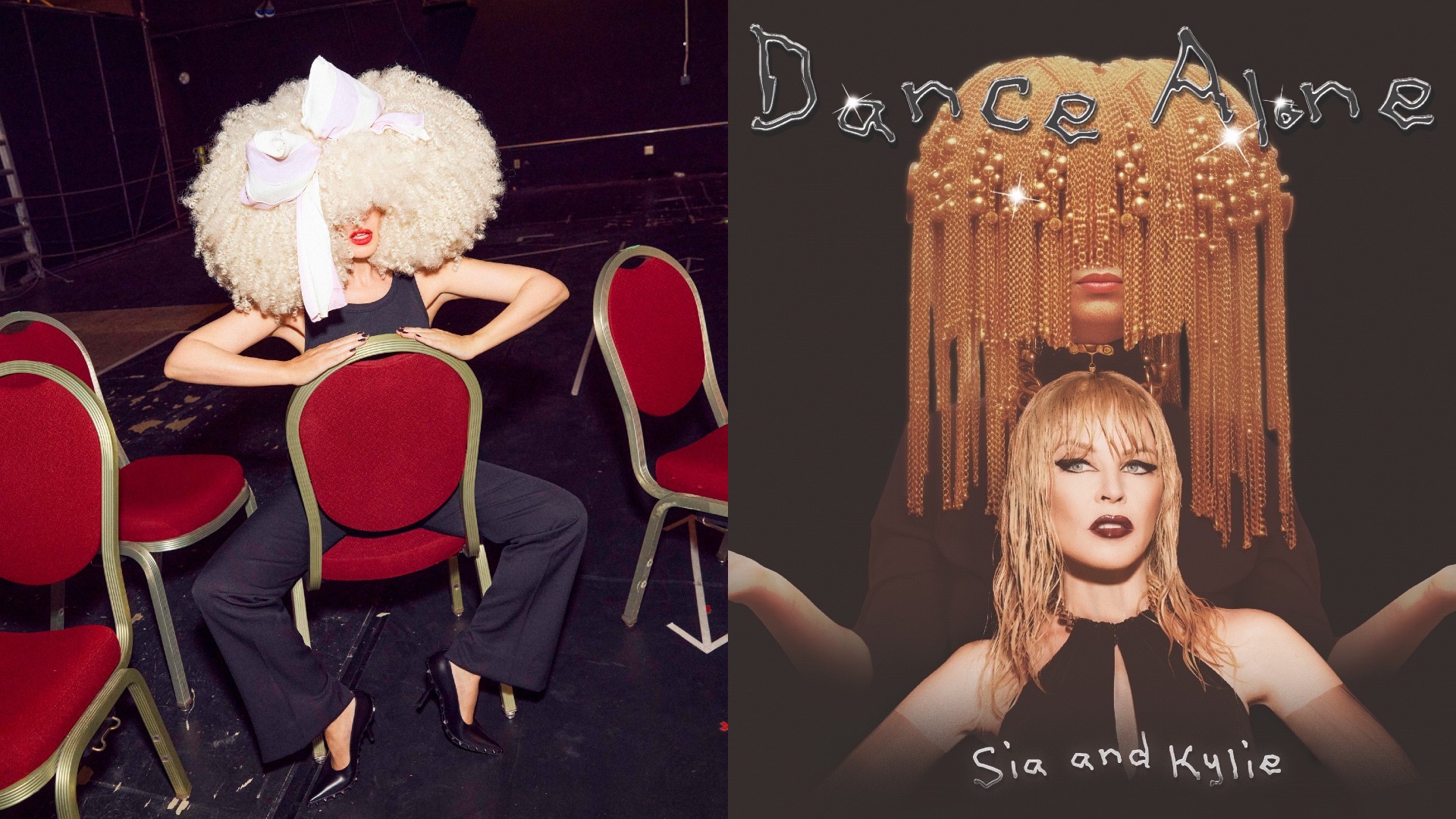 Kylie in a Sia-style wig, and right, the art for her new single with Kylie (Images: Provided)