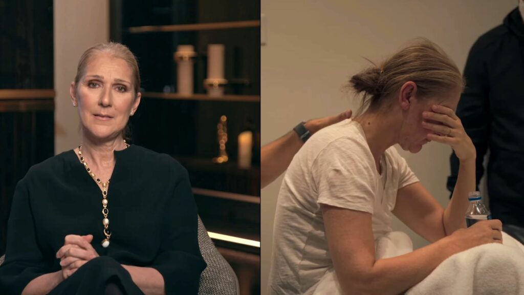 Composite of Celine Dion sitting in a chair and sitting on a hospital bed crying