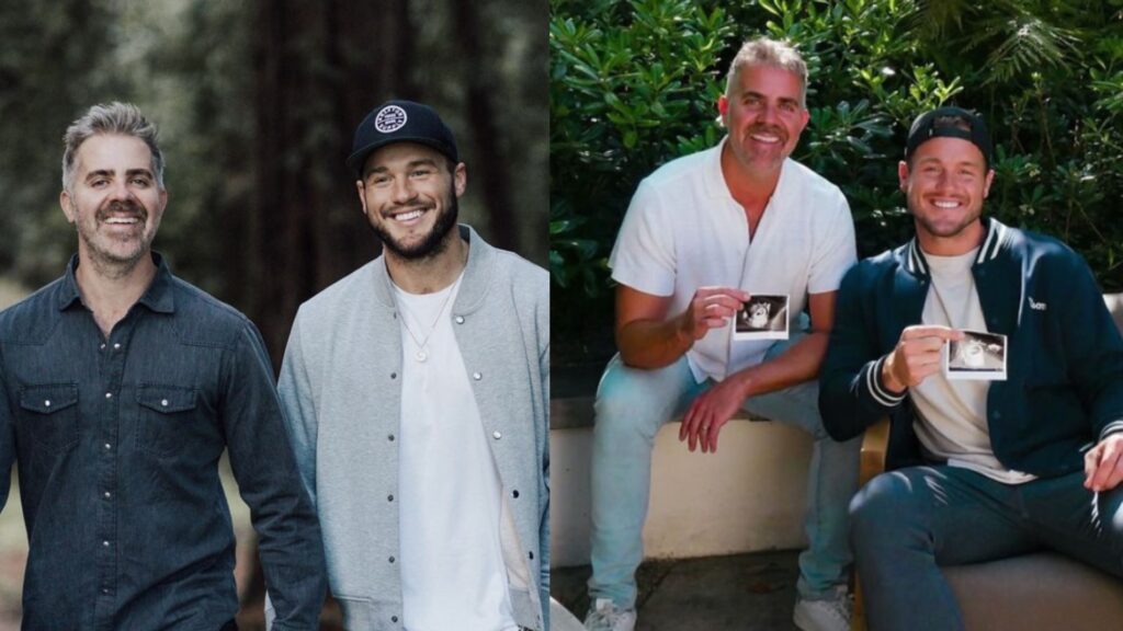 A picture of Colton and his husband in a forest on the left, and on the right, with pictures of their baby's scan