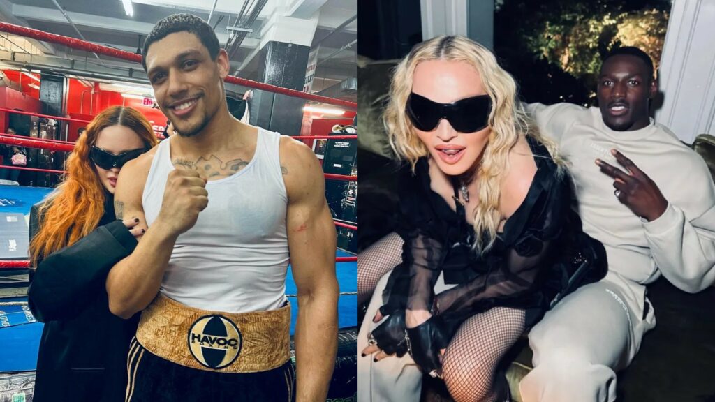 Madonna with ex-fiance Josh Popper, and right, with Madonna splits from fiancé Josh Popper - as pop icon 'grows close' to another boxer, Richard Riakporh
