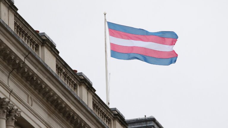 The trans flag flying on top of a building