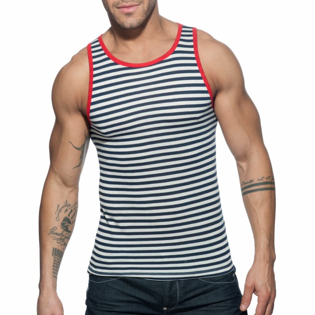 Male model wearing a blue and white striped tank top