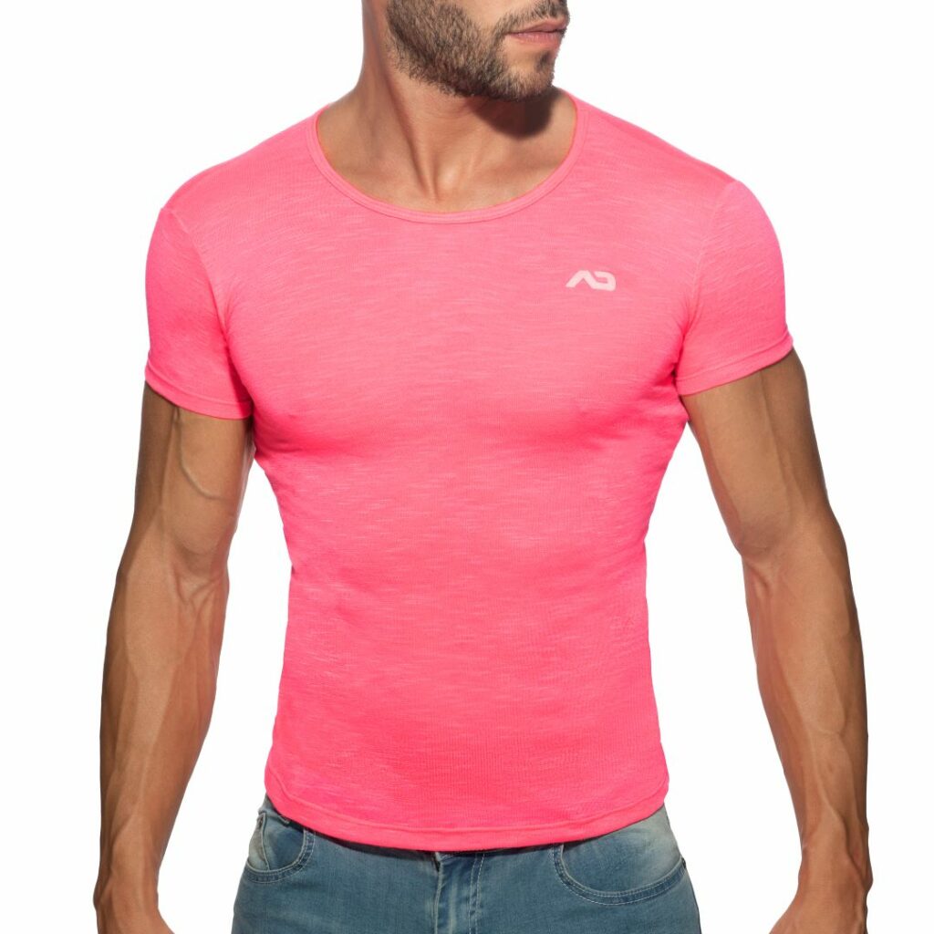 Male model wearing a pink t-shirt