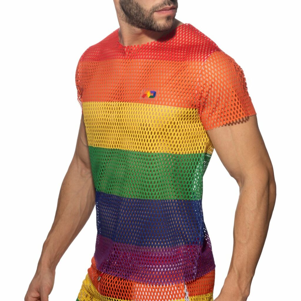 Male model wearing a rainbow t-shirt