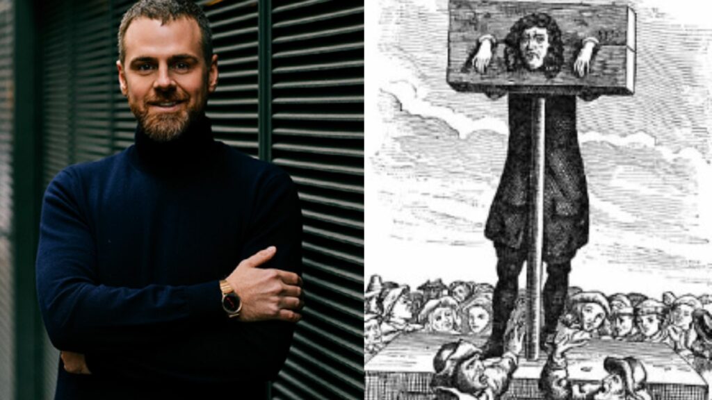 Composite of AJ West and an old drawing of a man in a pillory