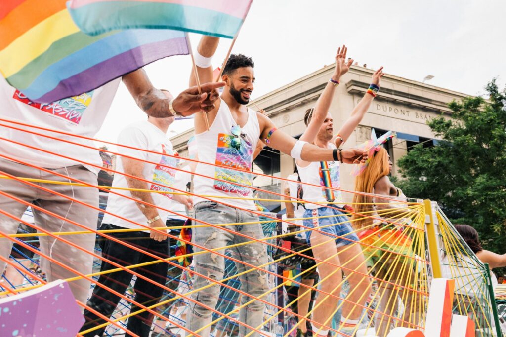 Group of people celebrating Pride on a float