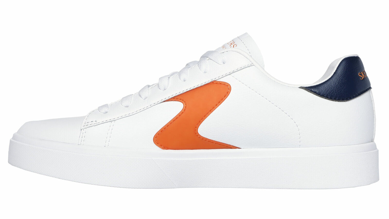 A white shoe with an orange Skechers logo on the side