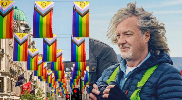 Some Progress Pride flags flying above central London, and James May in a promo still from The Grand Tour