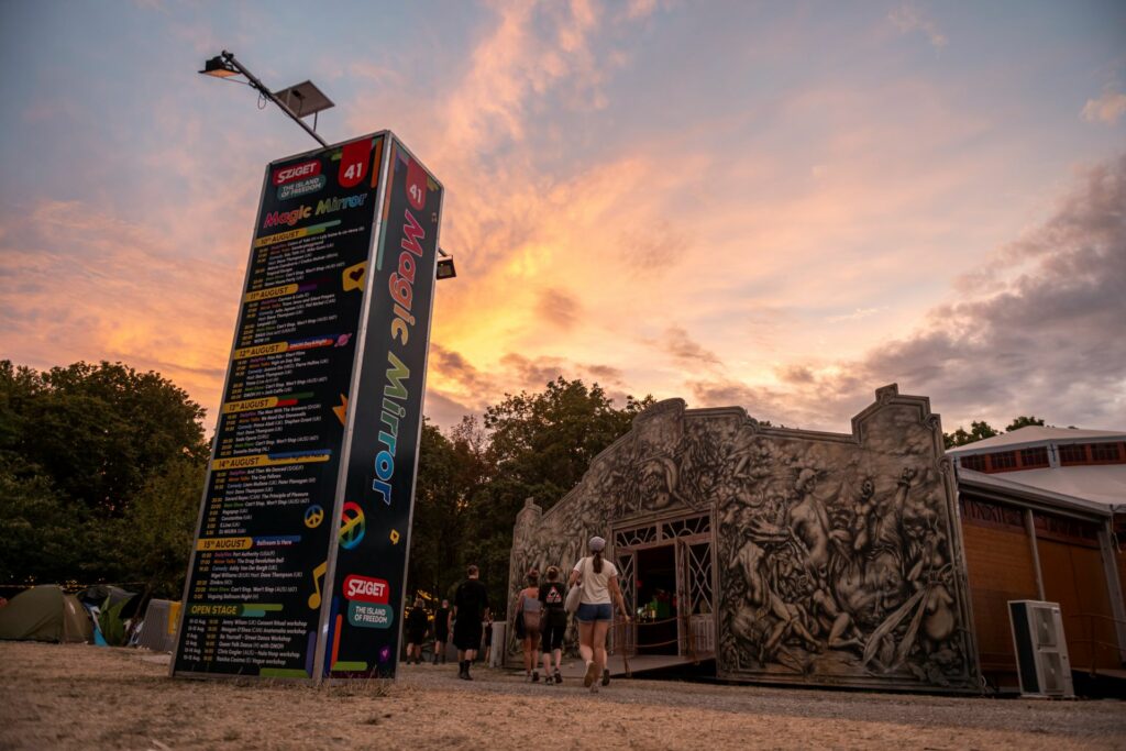 External view of The Magic Mirror Stage at Sziget at dusk