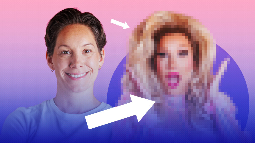 Composite of Suzi Ruffell standing next to Suzi Ruffell in drag with a blurred face
