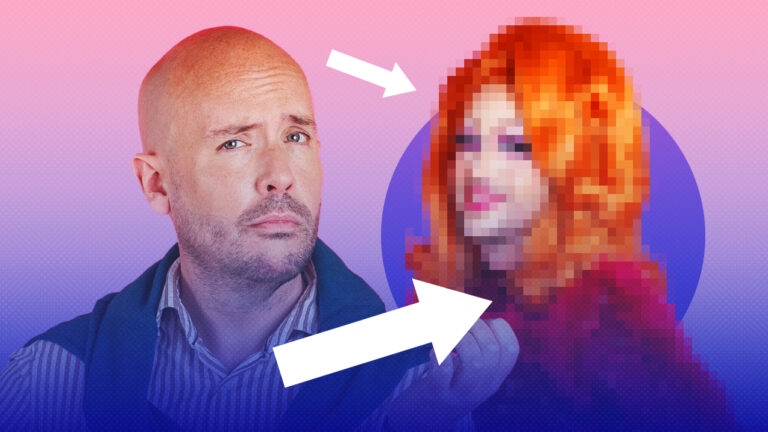 Composite of Tom Allen on the left and a blurred photo of him in drag on the right
