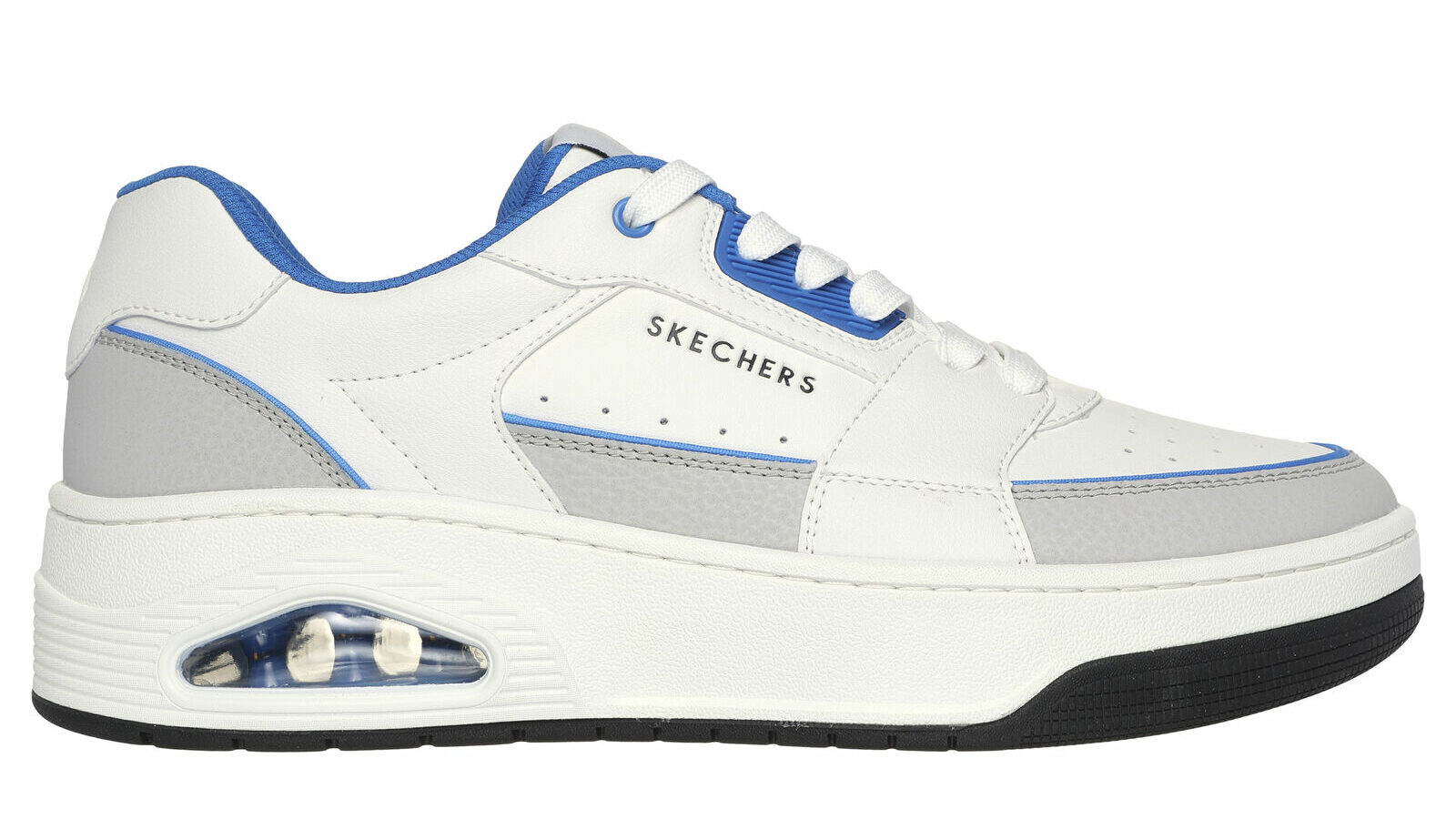 White and blue Skechers trainers