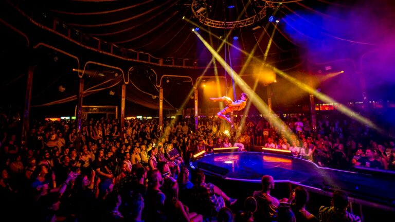 A performer on stage in a circus style tent surrounded by a crowd