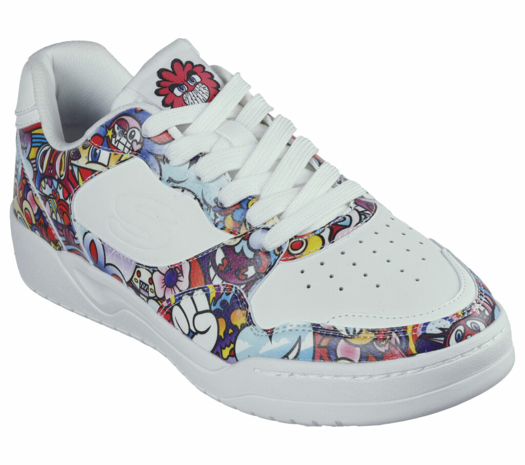 A white trainer with colourful patterns on it