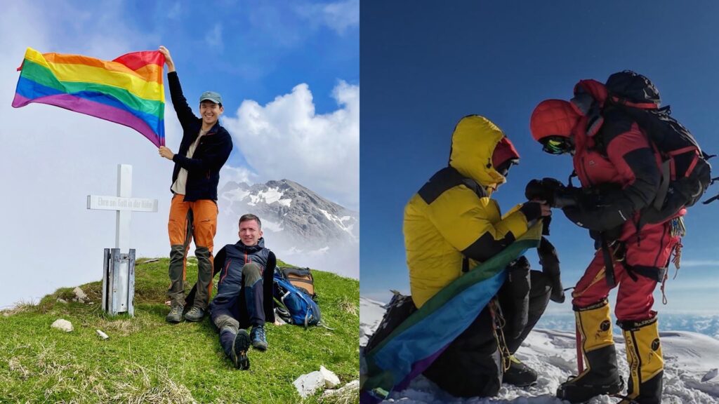 the subjects of the story on a mountain flying a pride flag (left) and getting engaged (right)