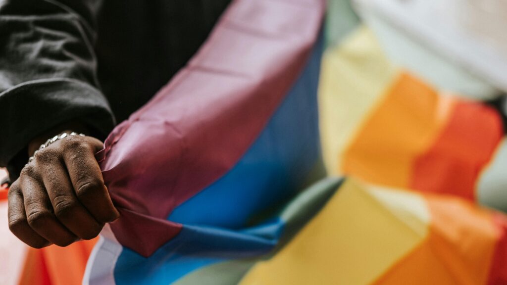A person holding a Pride flag