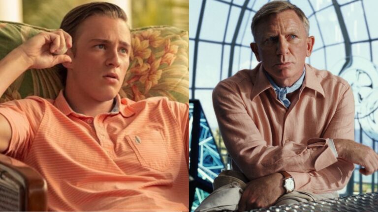 Drew Starkey in character in Netflix show Outer Banks and Daniel Craig in character as James Bond