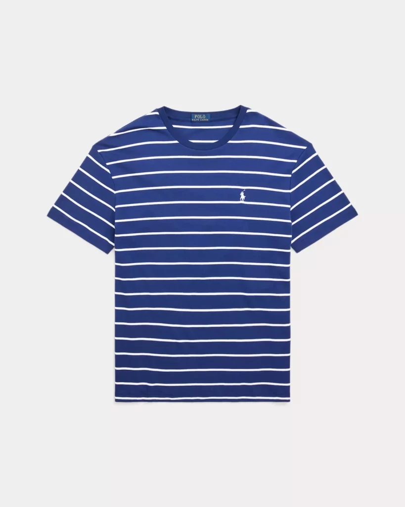 A blue and white striped Ralph Lauren polo shirt