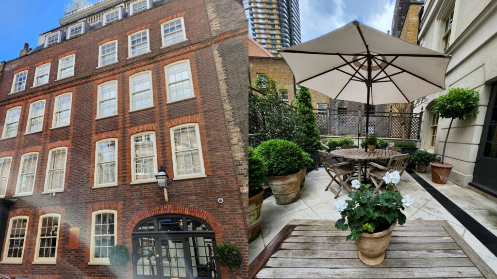 Batty Langley's hotel exterior and a view of one of its terraces