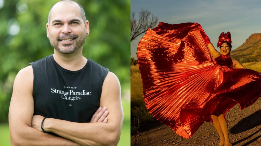 Composite of a smiling man and the same man in drag in the Australian outback