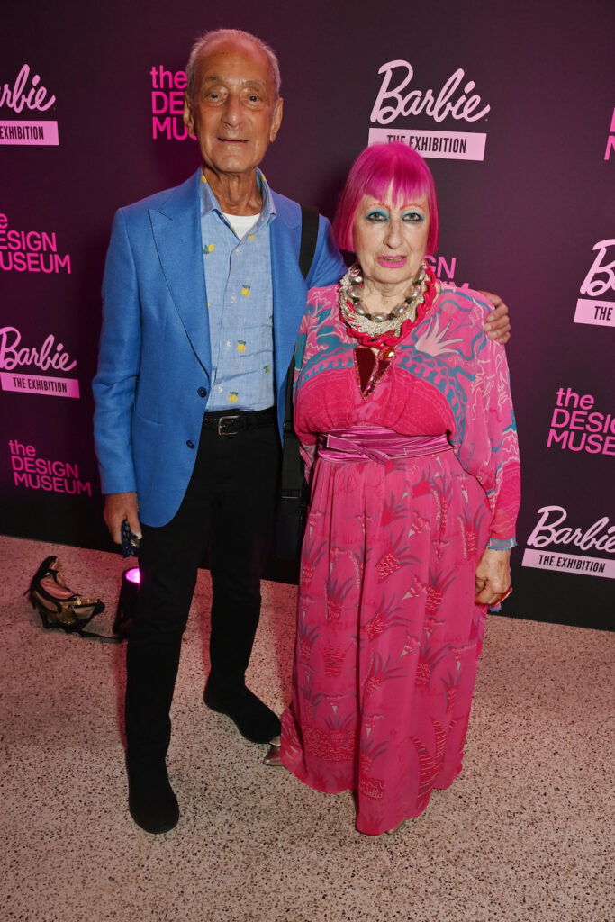 LONDON, ENGLAND - JULY 03: David Sassoon and Zandra Rhodes attend "Barbie: The Exhibition" opening at the Design Museum on July 03, 2024 in London, England. (Photo by Dave Benett/Dave Benett/Getty Images for Mattel)