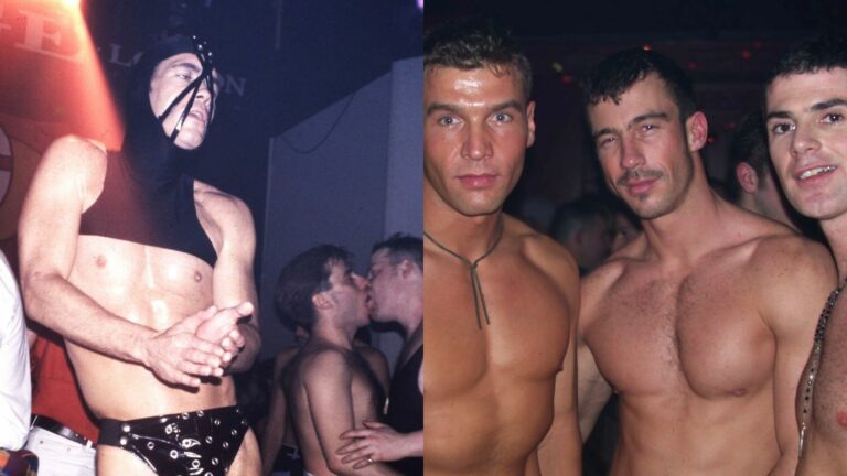 Composite of a man in fetish gear and three shirtless men