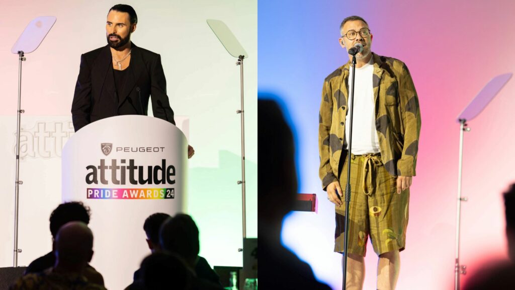 Composite of Rylan and Will Young onstage at the PEUGEOT Attitude Pride Awards