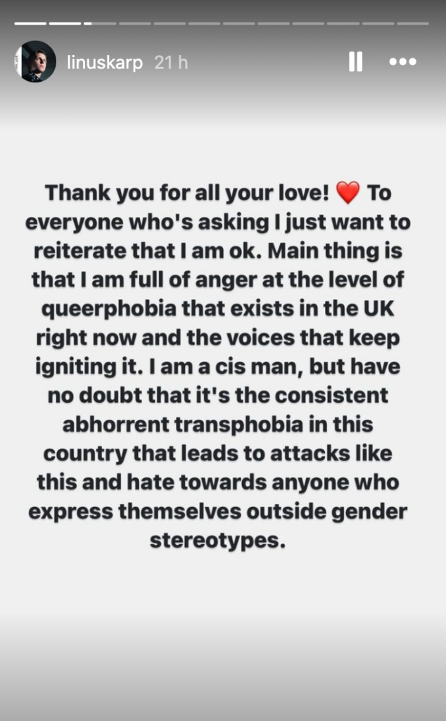 Linus Karp posted a second statement after a homophobic attack