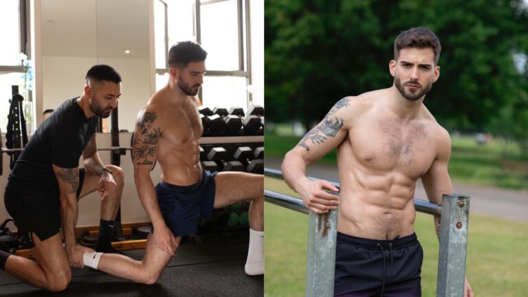 A composite of pics of the 2024 Mister Universe England hopeful - one with his trainer, one of him topless