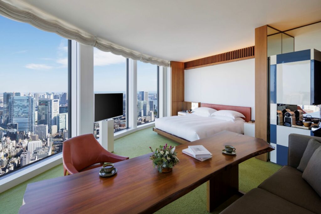 A hotel room overlooking Tokyo