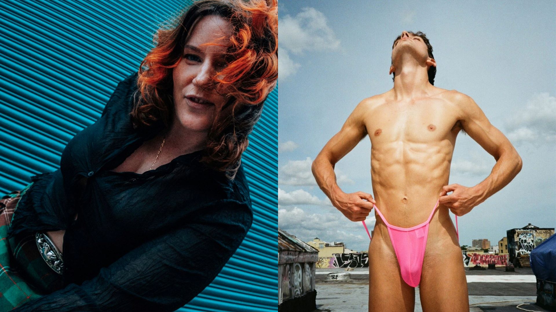 Saoirse and a man in pink swimwear