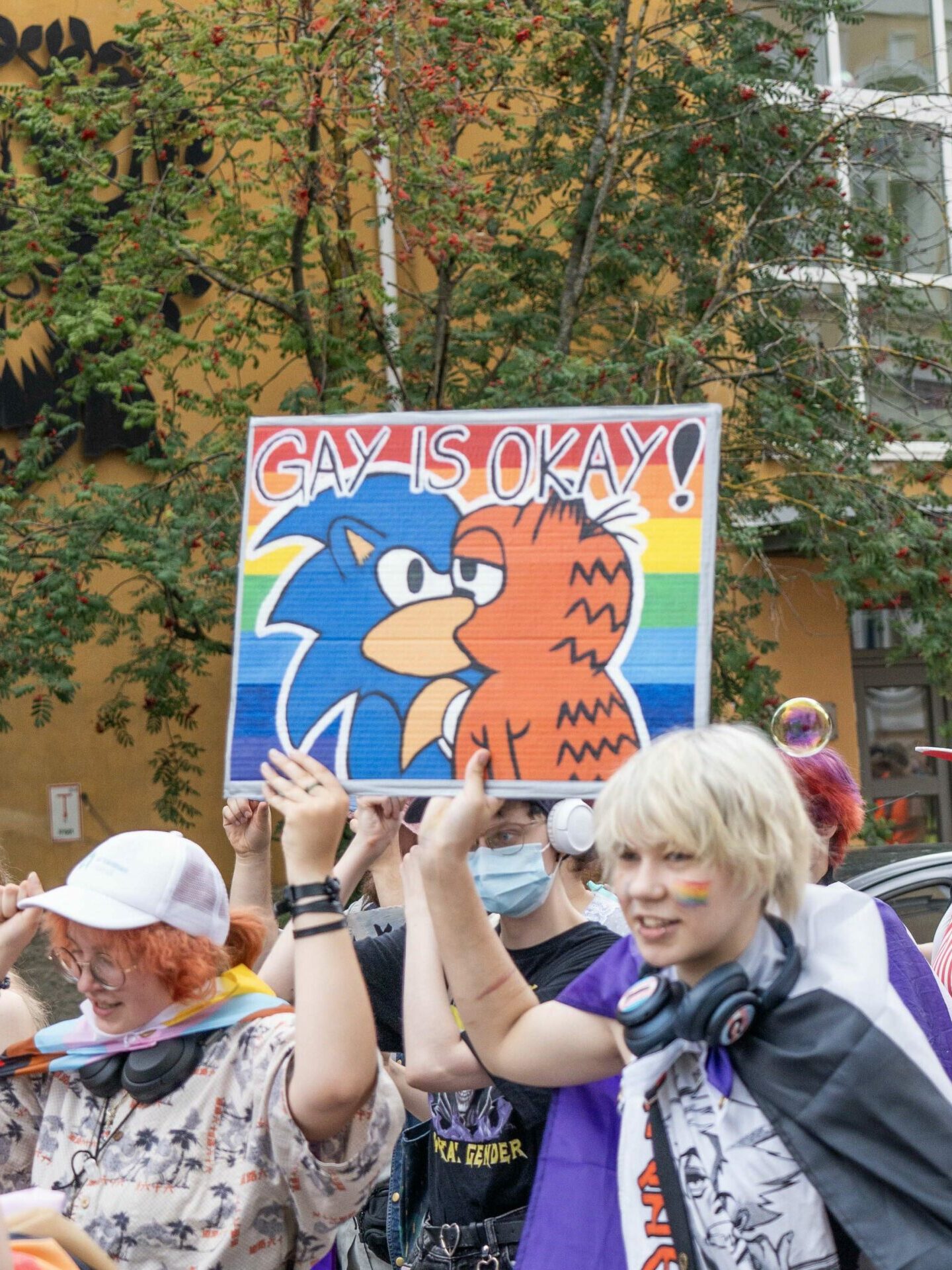 Sonic and Garfield on a placard at Tartu Pride 