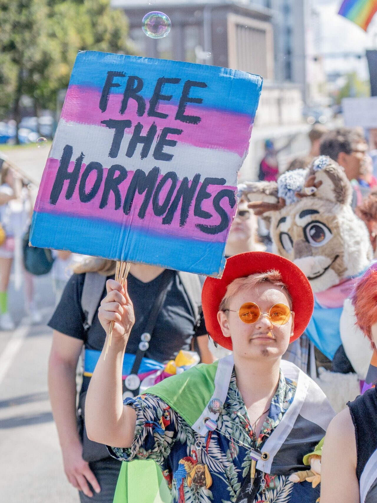 A placard promoting trans medical support at Tartu Pride