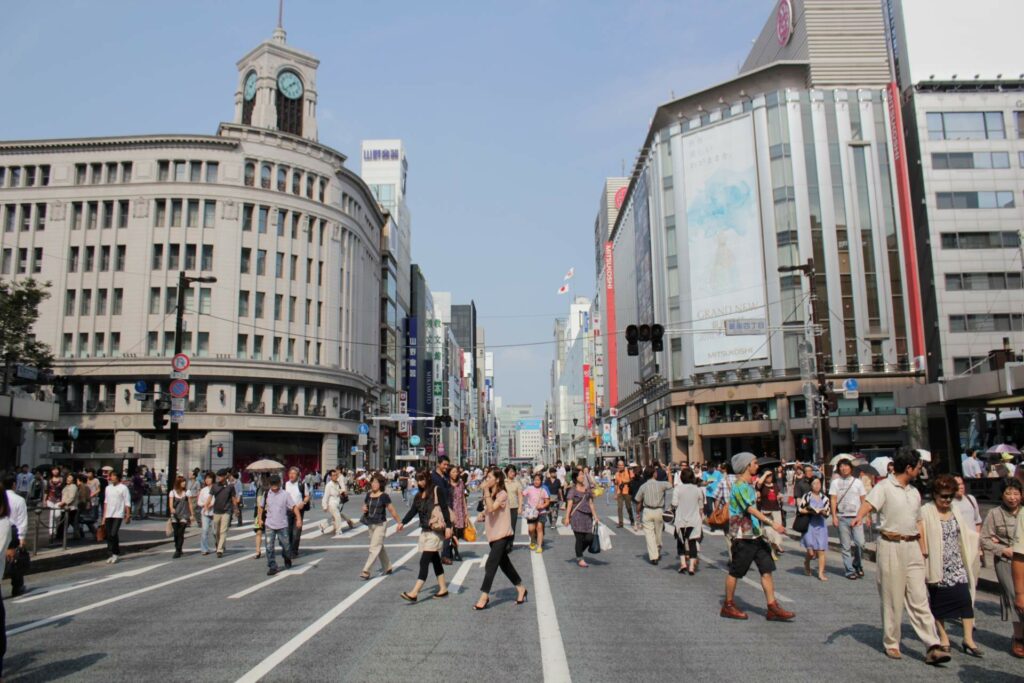 A daytime view of people on the streets of Ginza district