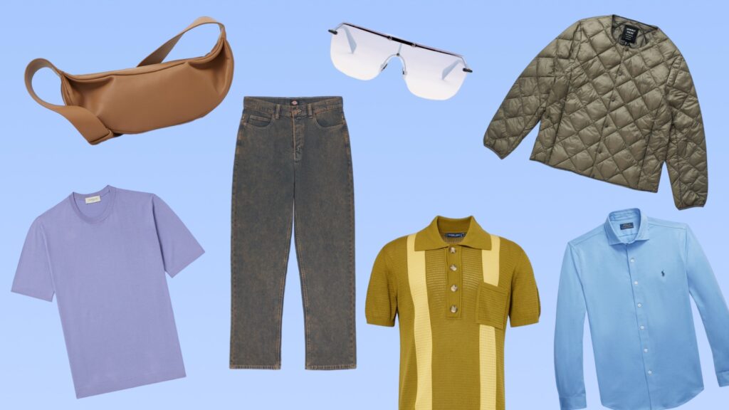 A selection of clothing against a blue background