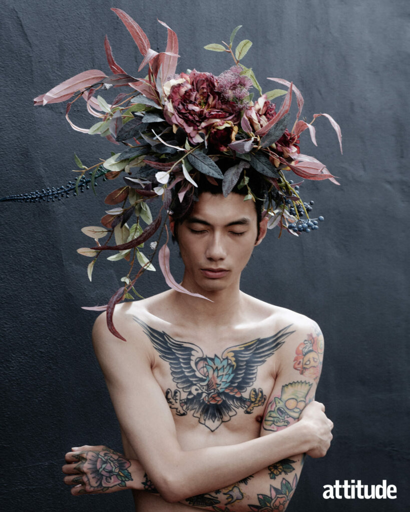 Model wears a floral headpiece by Ahluwalia