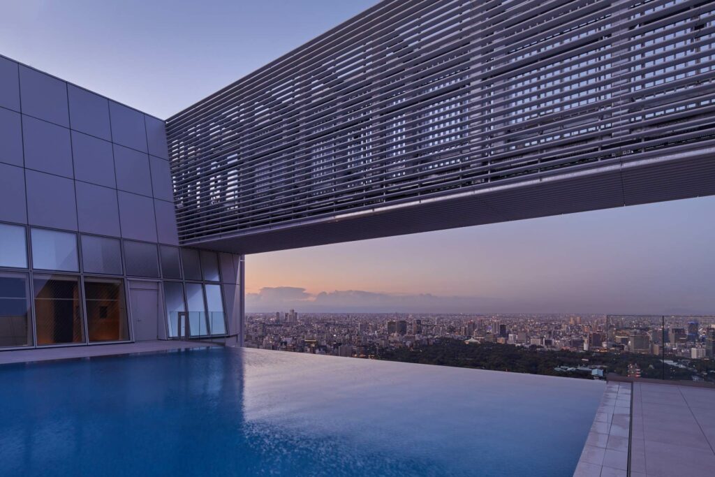 A rooftop infinity pool overlooking Tokyo